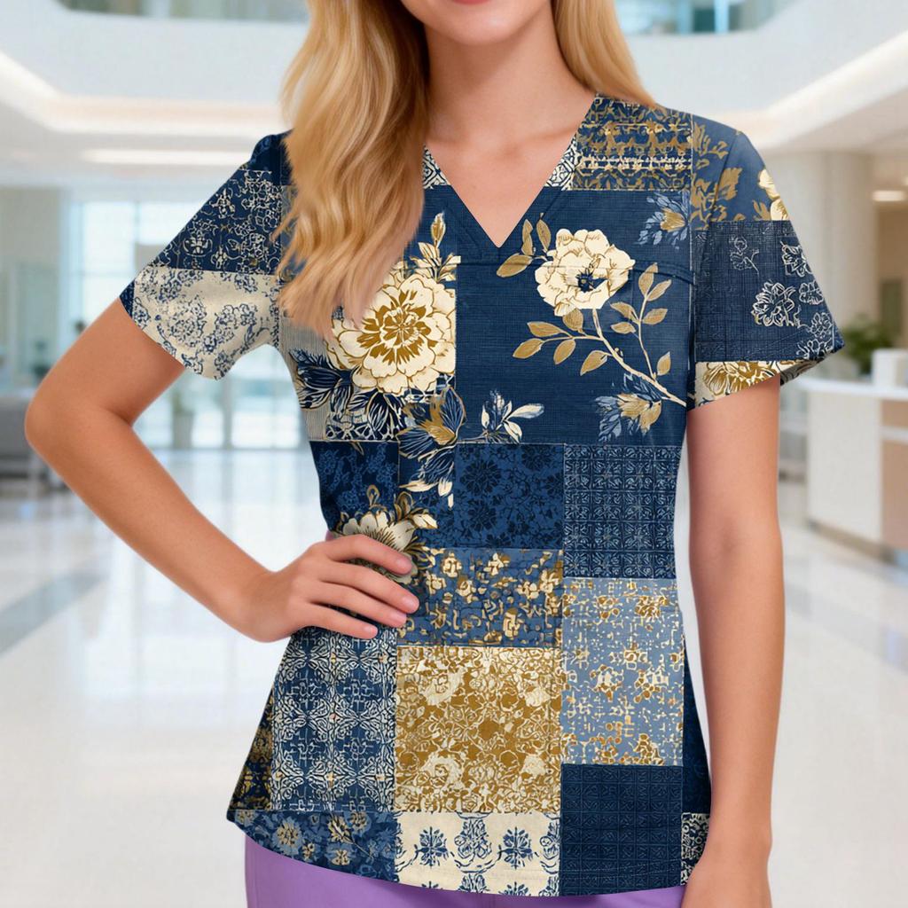 Damen V-Ausschnitt Drei-Taschen Kurzarm Retro-Print Uniform/Pflegekraft Oberteil Mit Schlitzen Am Saum