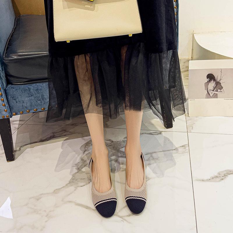New hollow comfortable casual round head shallow mouth knitted foot thick heel high heel women's single shoes