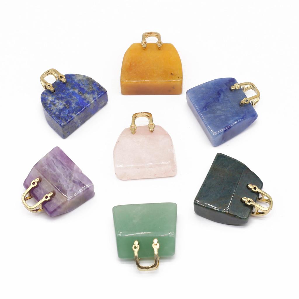 1Pc, Reiki Healing Crystal Carved Handbag Ornament Decoration, Mini Fashion Natural Stone Amethyst Agate Gemstone Home Decor Jewelry Gifts 27×25mm