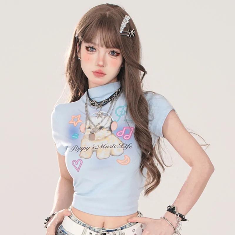 

New Women s Spliced Pullover Half Turtleneck Slim Versatile Design Short-sleeved T-shirt Top S синій