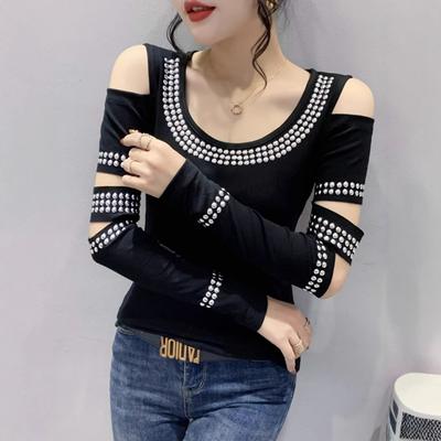 Σέξι Μπλούζα με Έναν Ώμο και Μακρύ Μανίκι για Γυναικεία Βαριά Βιομηχανία Liudai Τοπ Στενό και Διάτρητο Βασικό Μπλουζάκι