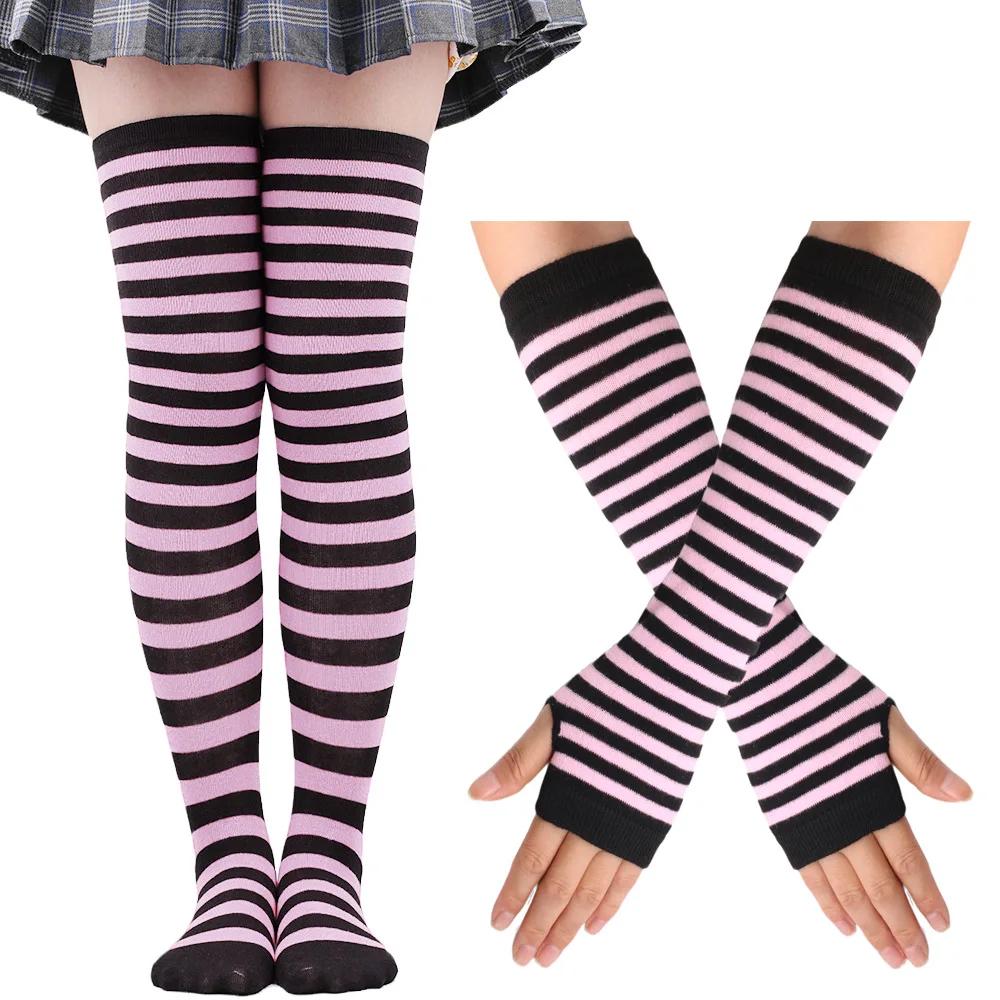 Lange über dem Knie Socken Damen Fäustlinge Armstulpen Handschuhe Set Gestreifte Oberschenkelhohe Strümpfe Damen Mädchen Rosa Schwarz Weiß Lolita
