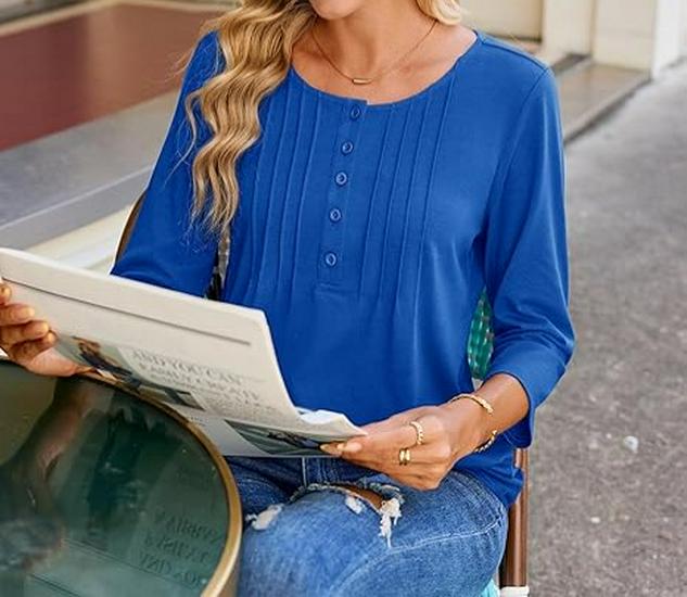 Women's Summer 2025 Fashionable Pleated Mid-Sleeve Top with Low Round Neck.