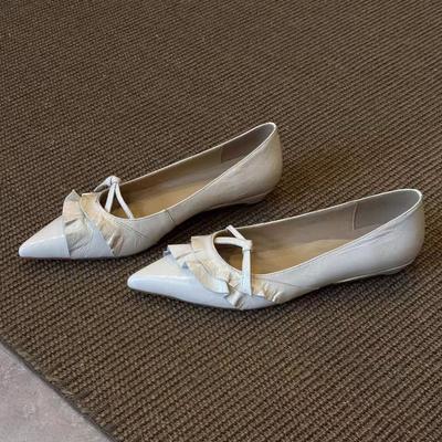 Elegant Leather Ruffles Low-heeled Mary Jane Shoes Women French Style Pointed Toe Kitten Heels Fashion Blue Banquet Dress Shoes