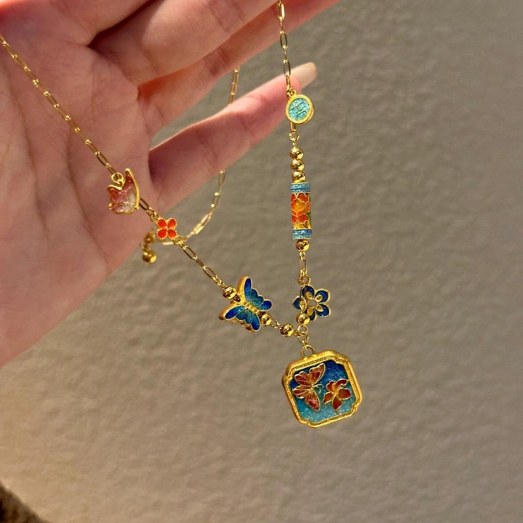 Pure Copper Gold-plated Enamel Butterfly Necklace Light Luxury Niche Exquisite Antique Style Sweater Chain Women's Birthday Gift