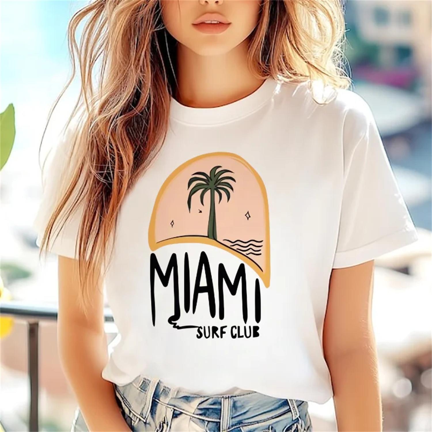 

Surfing Club Pattern Printed T-Shirt Casual Kawaii Holiday Women s Round Neck Clothing Casual Cartoon Women s T-Shirt Beach Top XXXXXL білий