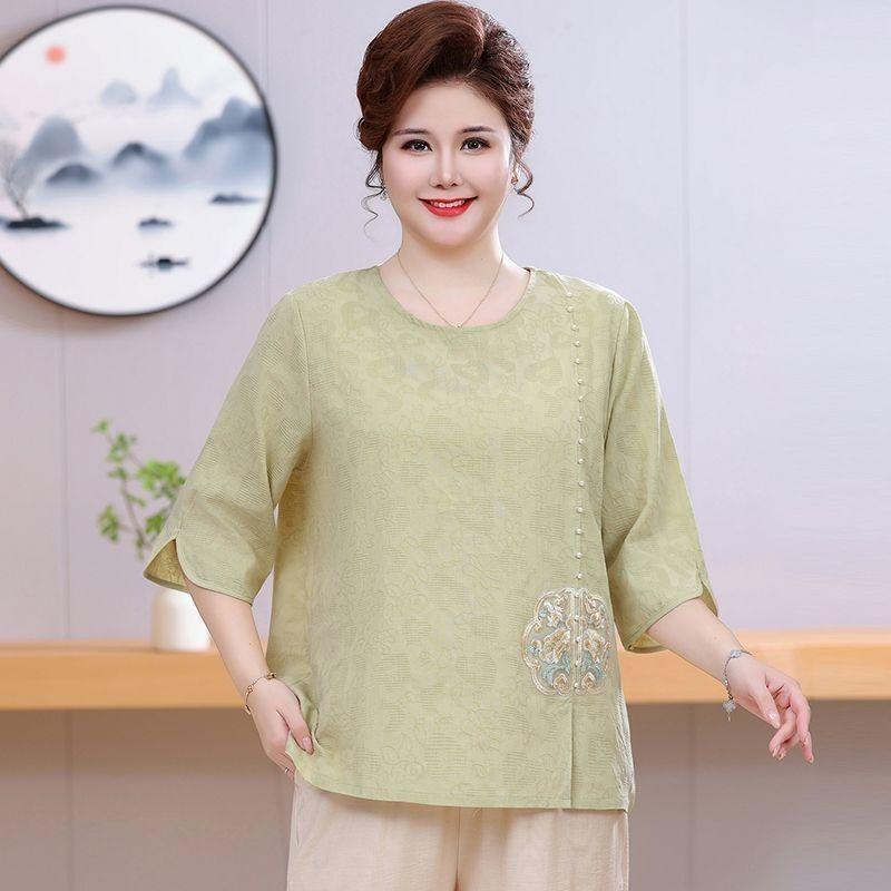 Summer Dress with Three-quarter Sleeves Plus Fat for Middle-aged and Elderly People New Chinese Style National Style Embroidery