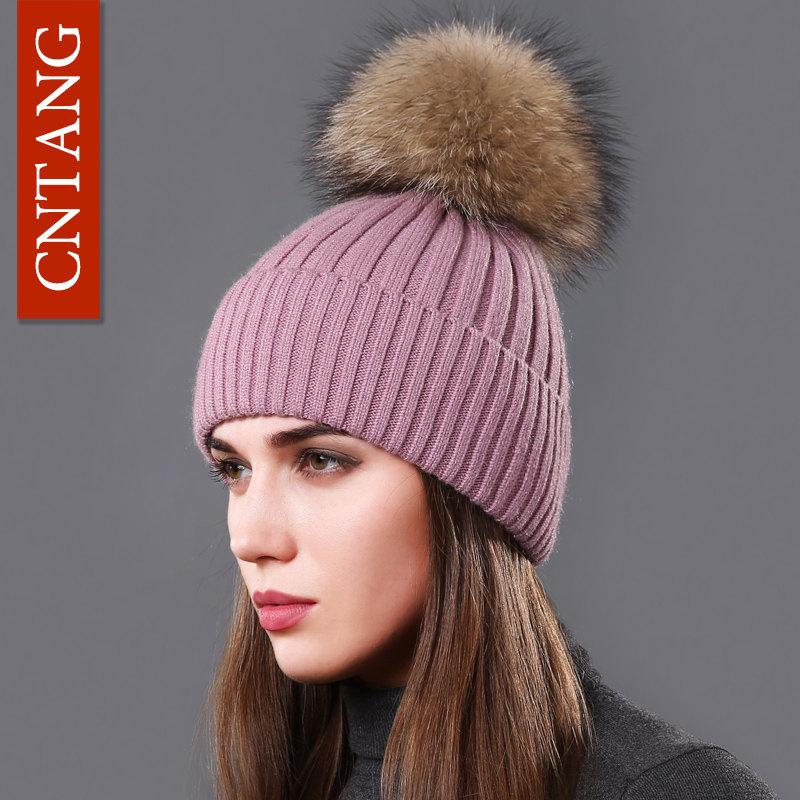 Classic Multiple Styles Women Beanie Winter Warm Fashion Raccoon Fur Pompom Hats Knitted Wool Cap Clearance Cheap High Quality