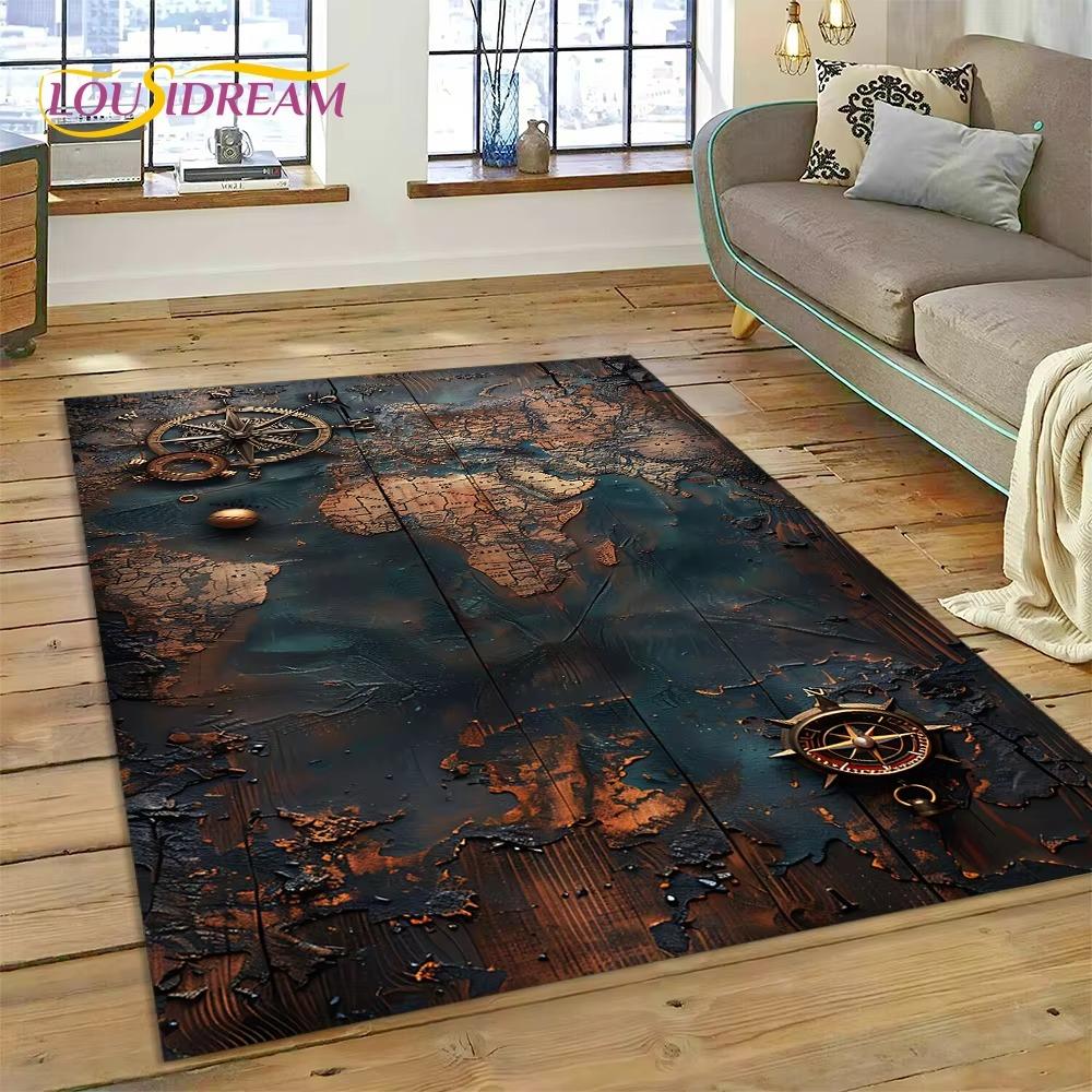 Ancient Nautical Chart World Map Compass Rug Carpet for Living Room Bedroom Decor,Floor Mat Non-slip Decoration for Sofa Doormat