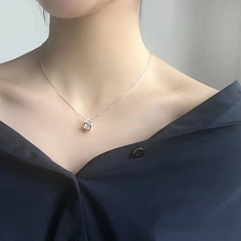 925 Silver Square AAA Zircon Pendant Necklace for Women 18 Inch Birthday Wedding Gift