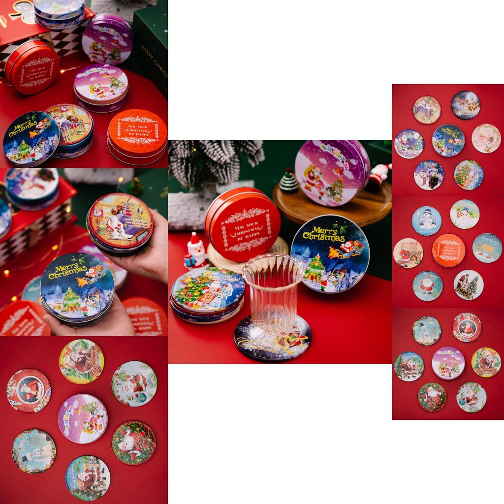 Lustige und farbenfrohe Untersetzer aus runden Blechdosen mit Cartoon-Druck, ideal für Weihnachtsdekorationen und Geschenke für Kinder