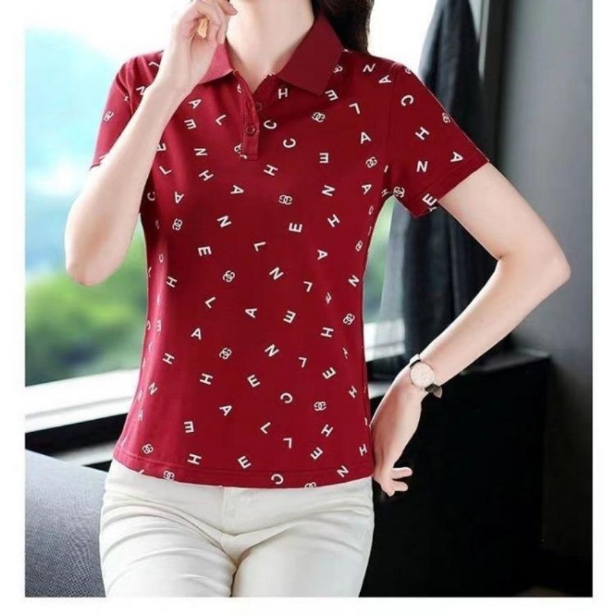 

YYFS Women s Fashion Casual Summer Spring Letter Print Short Sleeve POLO-Neck Blouses & Shirts XXXXXL