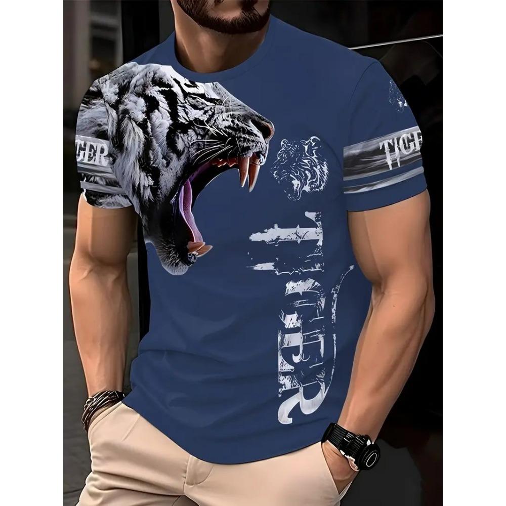 Men's 3D Dragon Print T-shirt, Casual Short Sleeved Pullover, Round Neck, Summer Outdoor Clothing, Regular Style