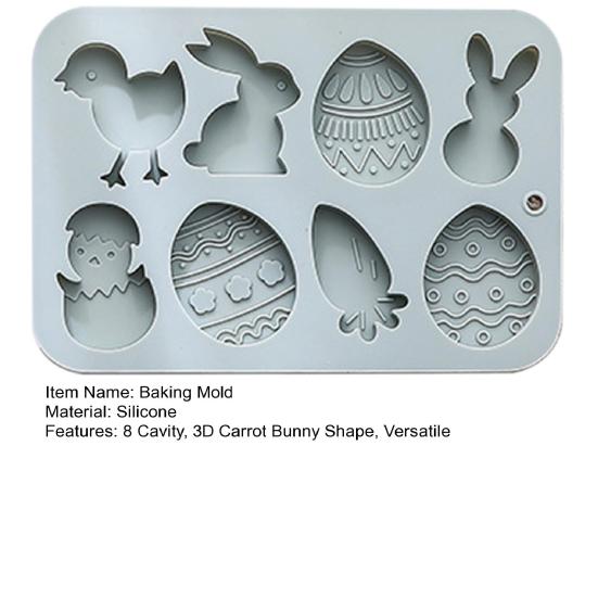Easter Silicone Mold 8 Cavity 3D Bunny Carrot Egg Chick Shapes Non-Stick Flexible Mold Chocolate Candy Pudding Soap Clay Baking Decorating