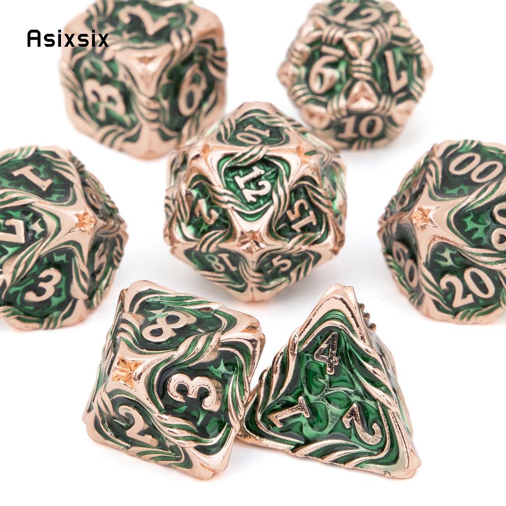 7 Pcs Yellow Green Tree Vine Metal Dice Solid Metal Polyhedral Dice Set Suitable for Role-Playing RPG Board Game Dice RPG