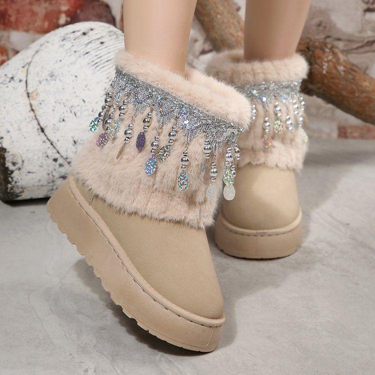 2025 Autumn and Winter New High-end Comfortable Versatile Snow Boots Niche Fringed Beaded Thick-soled Short Boots Children