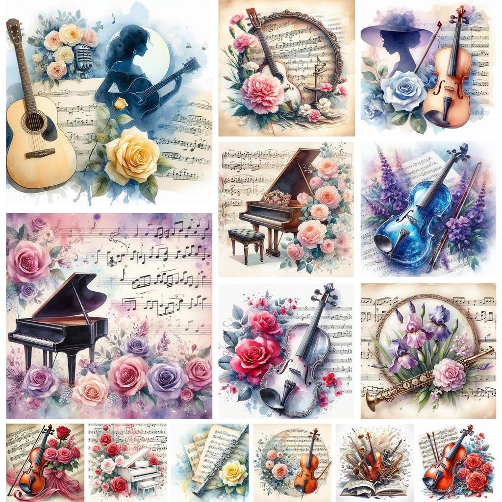 Sady Diamond Art s hudebními nástroji a květinami pro dekoraci stěny domácí kanceláře DIY Gem Art Sady pro malování diamanty 15,75 X15,75 palce