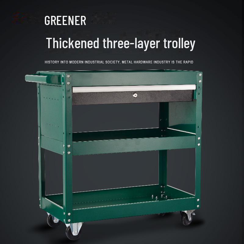 "Green Forest Utility Cart: Three-Layer Tool Trolley & Flatbed for Auto Repair & Beauty Supplies"