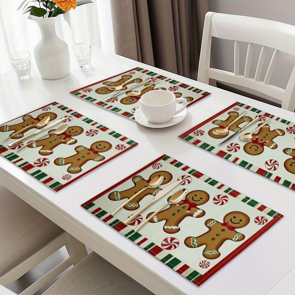 1/2/4/6/8pcs Christmas Whimsical Gingerbread and Bow Pattern Printed Placemats; Washable; Suitable for Kitchen Dining Table Decorative Mats; Adds