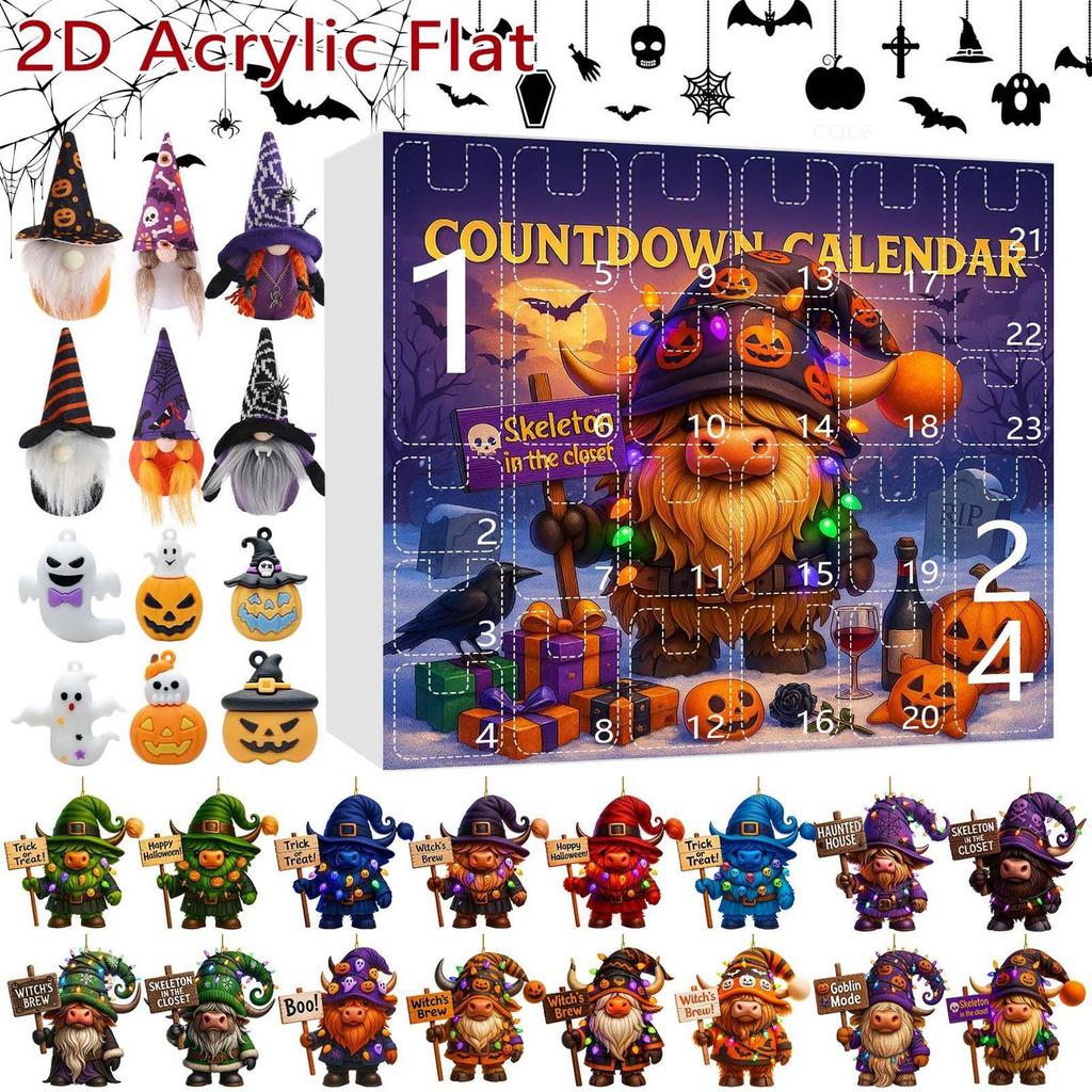 Gnome Countdown Calendar 24-Day Gnome Ornament Halloween Countdown Calendar Collectible 2D Acrylic Ornament Horror For Backpack