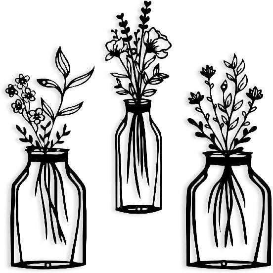 3 Pieces Black Metal Flower Vase Wall Art Decor Wire Wall Art Metal Wall Sculptures Iron Decorative Hanging for Indoor Kitchen Bathroom Dining Room