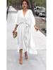 2026 European Women's Lace-up Batwing Sleeve Long Dress, Plus Size, Solid Color, Irregular Hem