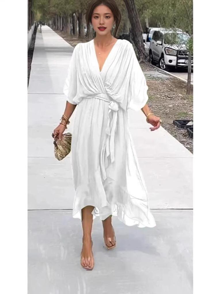 2026 European Women's Lace-up Batwing Sleeve Long Dress, Plus Size, Solid Color, Irregular Hem
