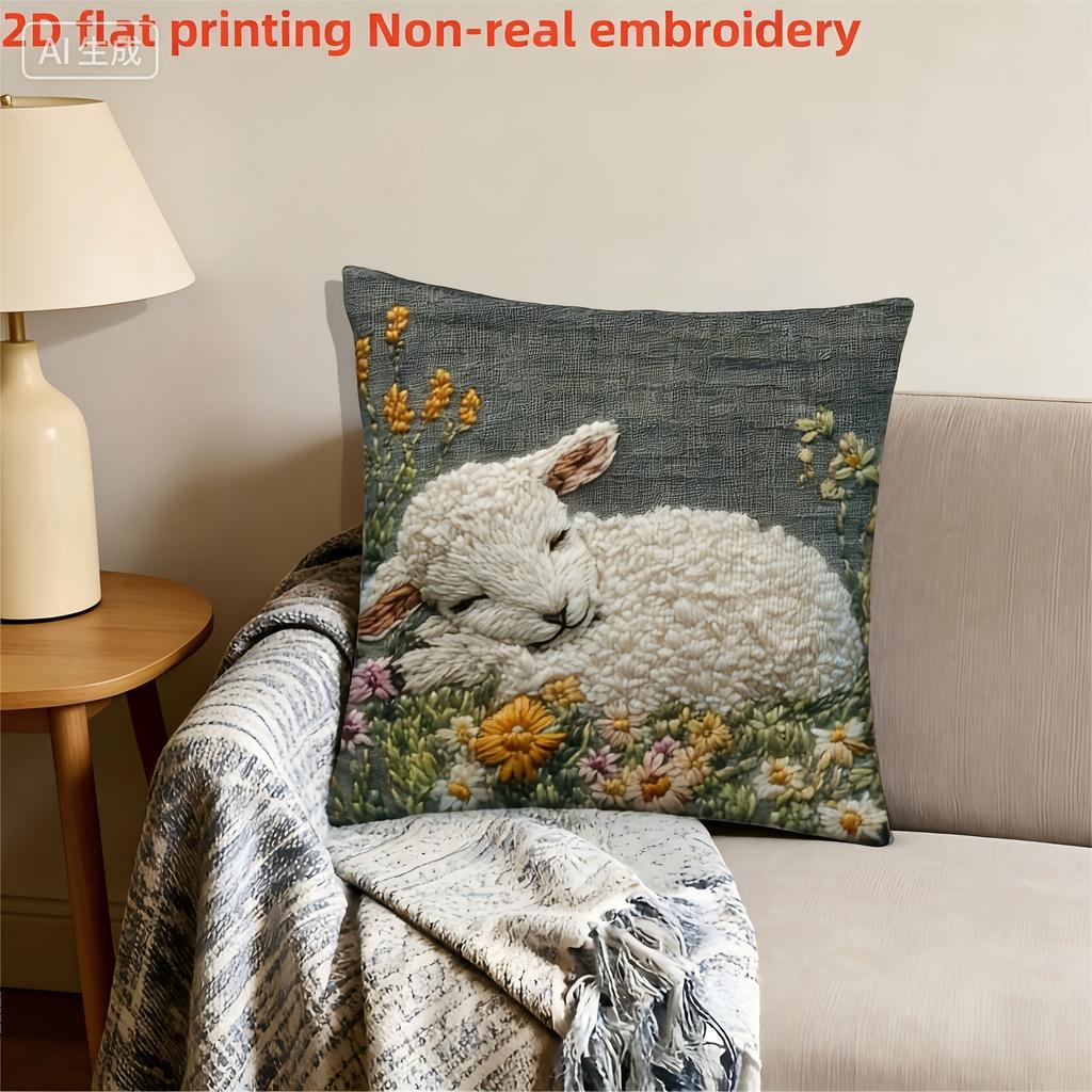 Cute Lamb Floral Pillow Cover 2D Print Sheep On Wildflower Cushion Case For Sofa Bed Couch Boho Nursery Decor
