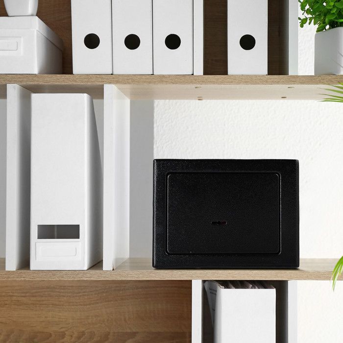 Relaxdays coffre-fort avec clé, panneton double, fixation au mur ou au sol, petit coffre-fort, hlp: 17x23x17, noir