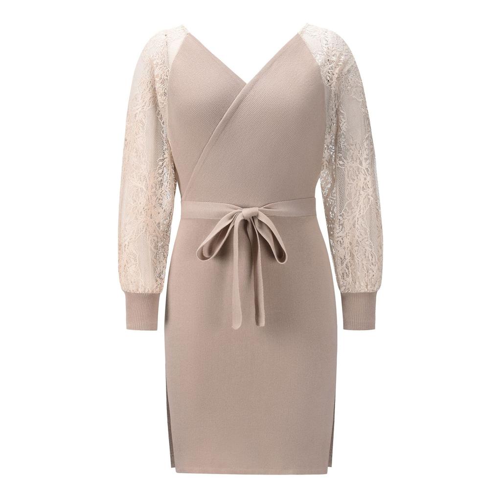 Lace Knitted Dress Autumn and Winter Large Size Female Long-sleeved Slimming Wool Dress