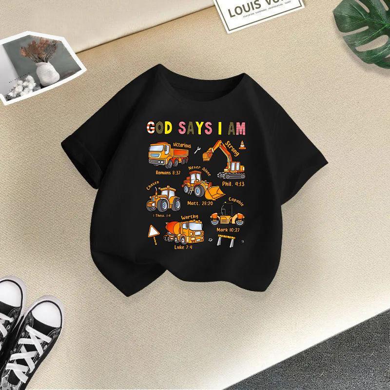 Barn T-shirt 2-13Å Lös passform Casual O-hals Kortärmad Flick T-shirt Topp Pojk T-shirt Grävmaskinstryck Kortärmad