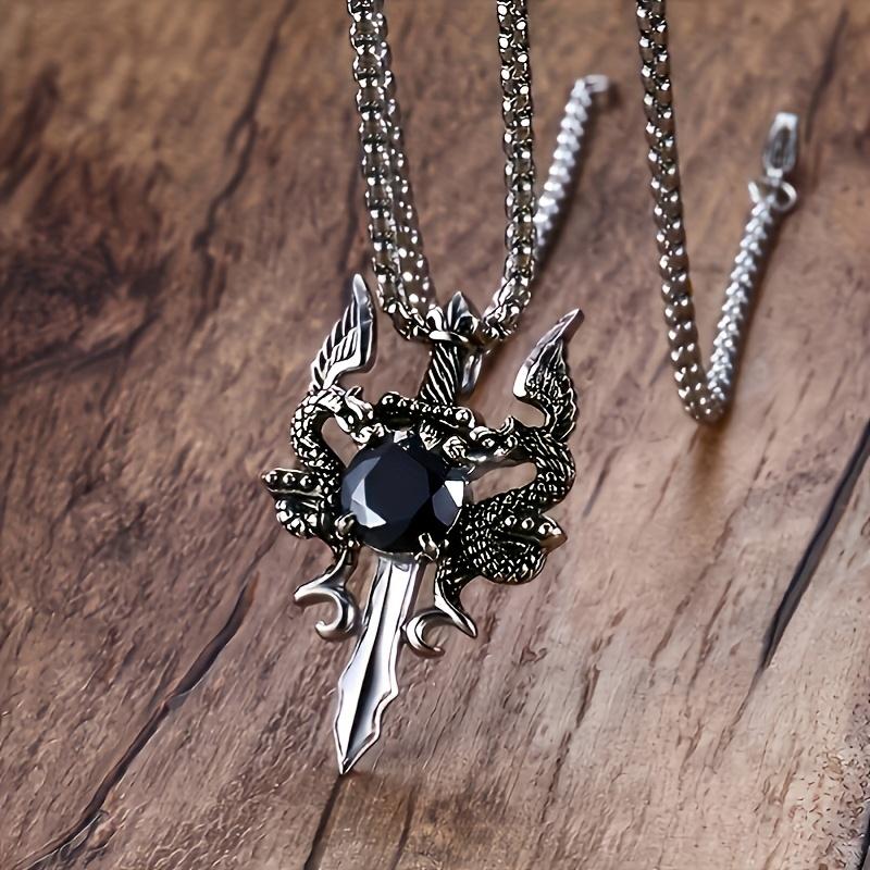 1/2pcs Fashion Gothic Knight Double Dragon Holy Sword Cross Pendant Necklace - Vintage Punk Rock Style-Suitable for Women and Men's Daily Wear-Classic