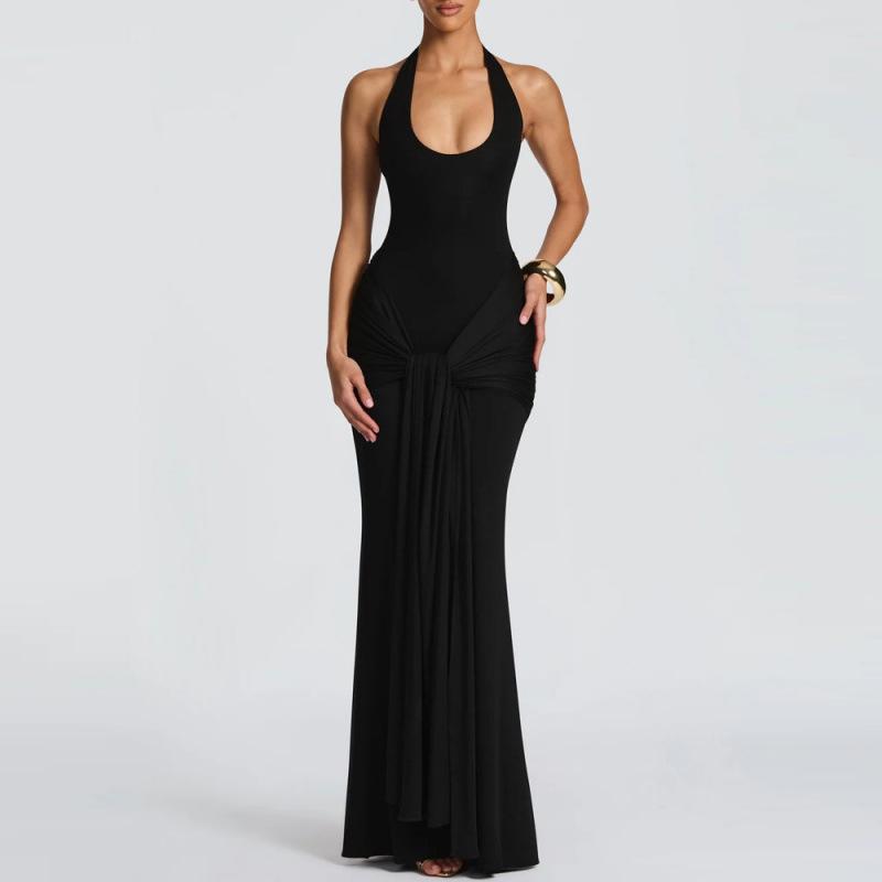 2026 European & American Spliced Ribbon Camisole Halterneck Slim Fit Long Dress