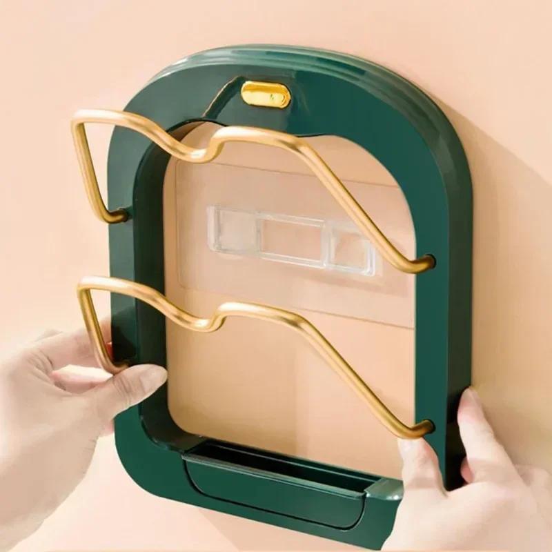 Kitchen Wall Mounted Pot Lid Storage Rack Double Layer Punch-Free Lid Holder Saving Space Kitchen Wall Shelf Drain Tray Tools