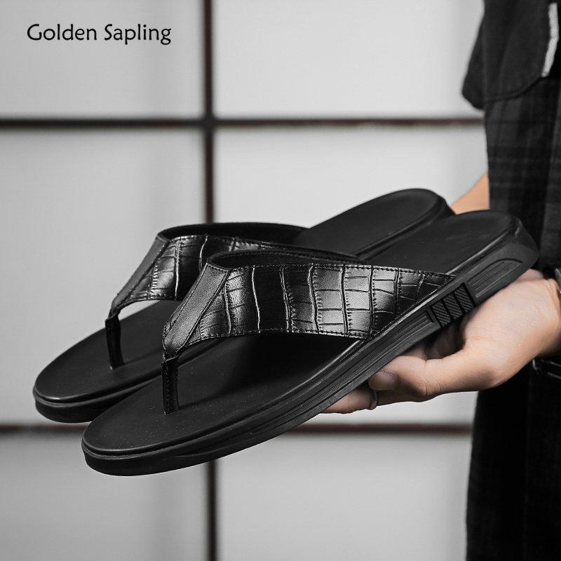 Golden Sapling Flip Flops Men's Slippers Genuine Leather Party Shoes Men Casual Flats Summer Beach Slides Leisure Shoe
