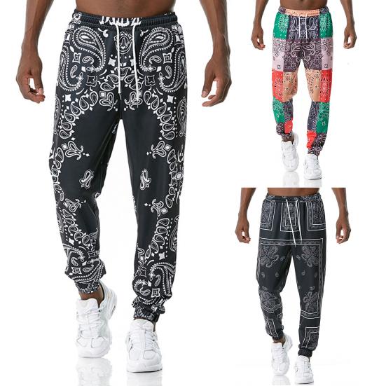 Mode Herrenhosen Mittelhoch Schnelltrocknend Paisley-Druck Kordelzug Knöchelbund Weite Hose für Fitness