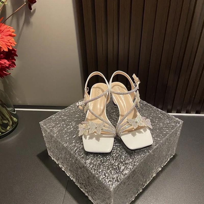 2024 Rhinestone Butterfly French Summer Sandals Women's 2024 New Summer Outer Wear Feeling Not Tired Feet Middle Heel High Heels