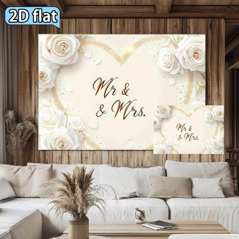 2D Flat Printing Mr & Mrs White Rose Background Cloth for Wedding