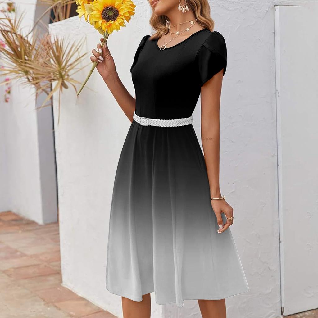 Women's Casual Fashion Round Neck Printed Short Sleeve Pocket Dress