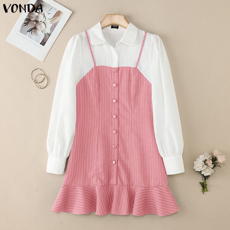 

VONDA Womens Fake Two Piece Patchwork Long Sleeve Striped Casual Dress S