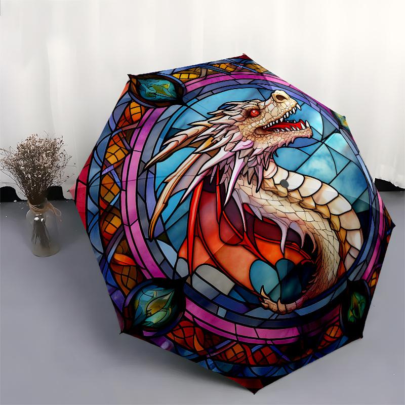 Stained Dragon Window Panel: Colorful Fantasy Art for Home DecorUmbrella, Portable 3-Fold Compact Umbrella,Christmas Gift ES472