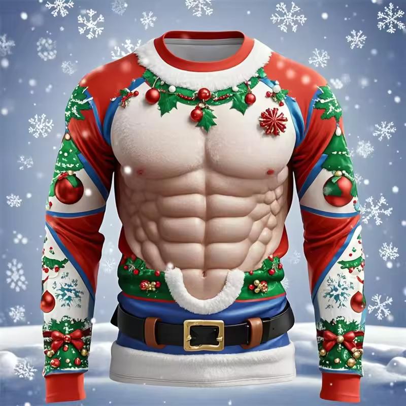 Funny Ugly Santa Claus Fake Muscles 3D Print T-shirts Xmas Men Women Long Sleeve Tees Fashion Oversized Christmas Men's Clothing
