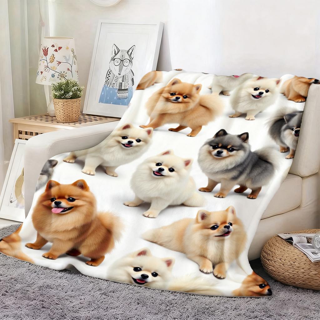 Cute Pomeranian Puppy Print Decorative Throw Blanket for Sofa, Bed, Home Decor, Camping, Office, and Animal Gift