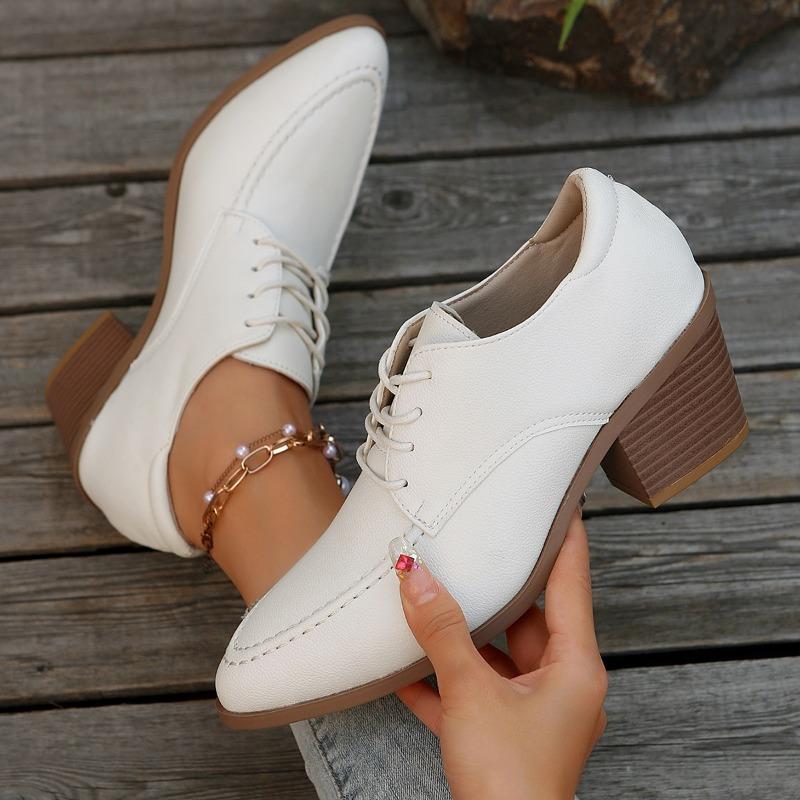 Fashion Retro Black Office Women's Shoes 2025 Spring and Autumn Women's Thick Heel Shoes White Retro Pointed Toe Lace-up High Heels