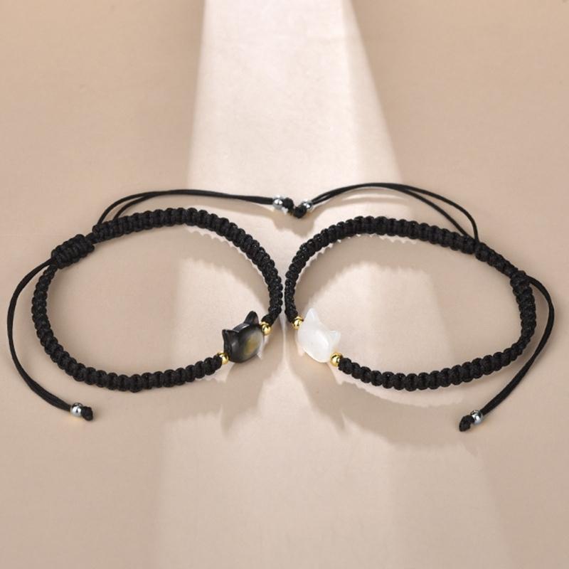 Natural Moonstone Obsidian Bracelet Unique Design Cat Charm Bangle Handwoven Wrist Link Chain Party Accessories for Girl