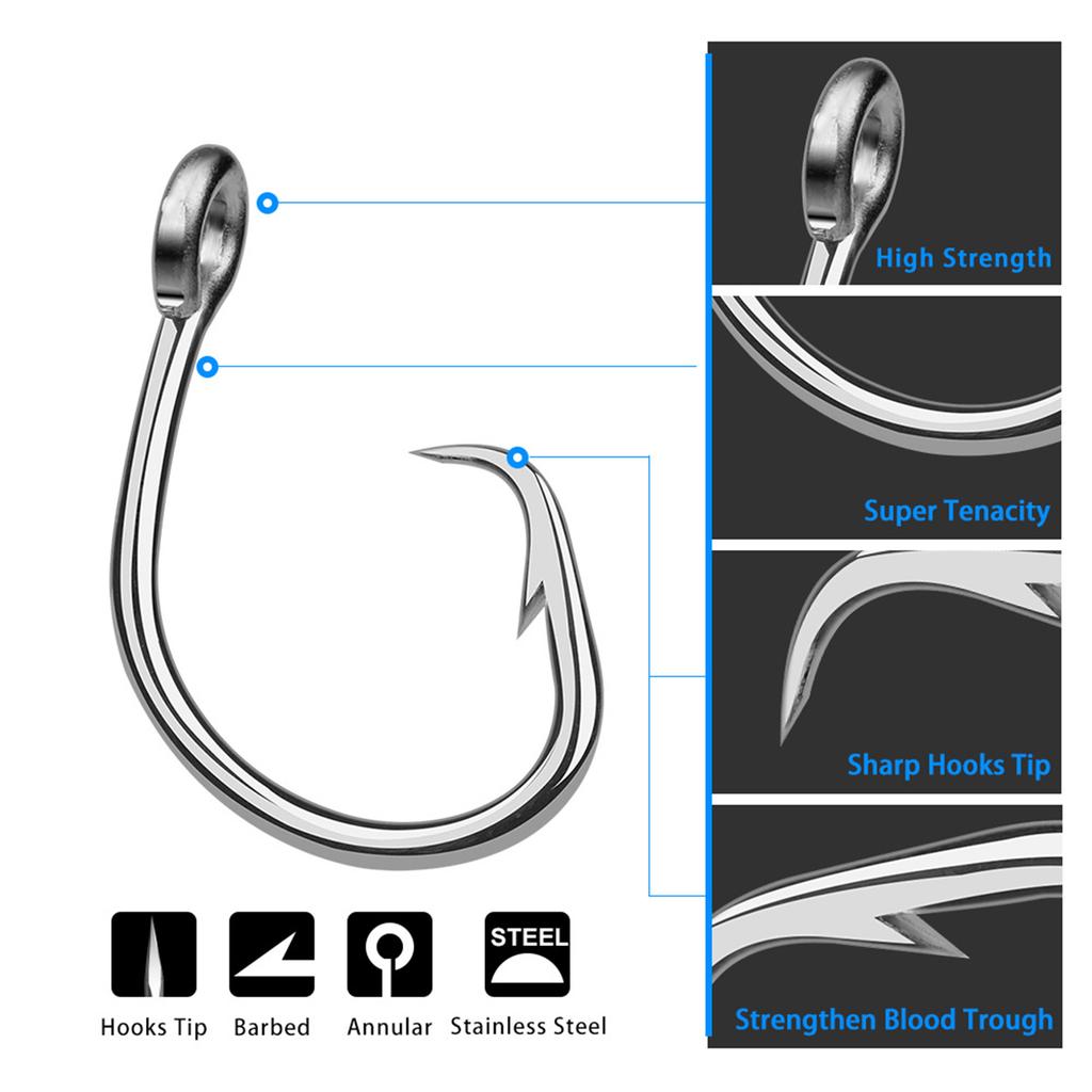 5Pcs Stainless Steel Circle Hooks Big Game Fishing Hooks Saltwater Tuna Fishing Hooks for Catfish Bass Tuna Rustproof