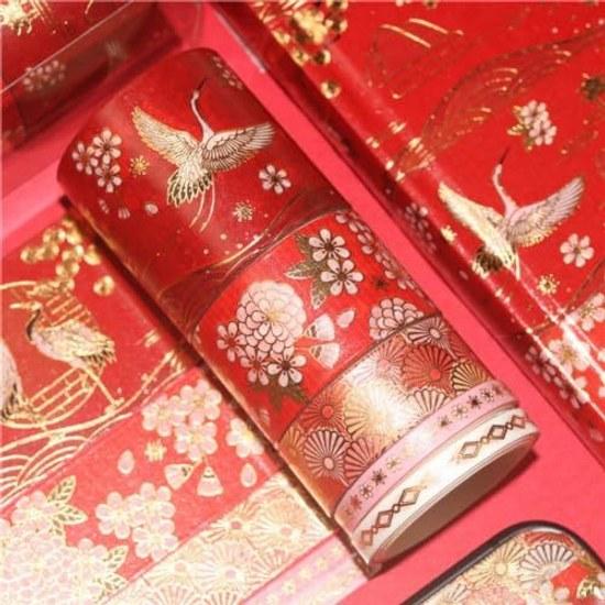 Masking Tape Cute Crane Plum Blossom Cloud Ukiyo-e Style DIY Stationery Diary Gold Foil Washi 5-piece Set Japanese Decorative Stickers Colorful Seals