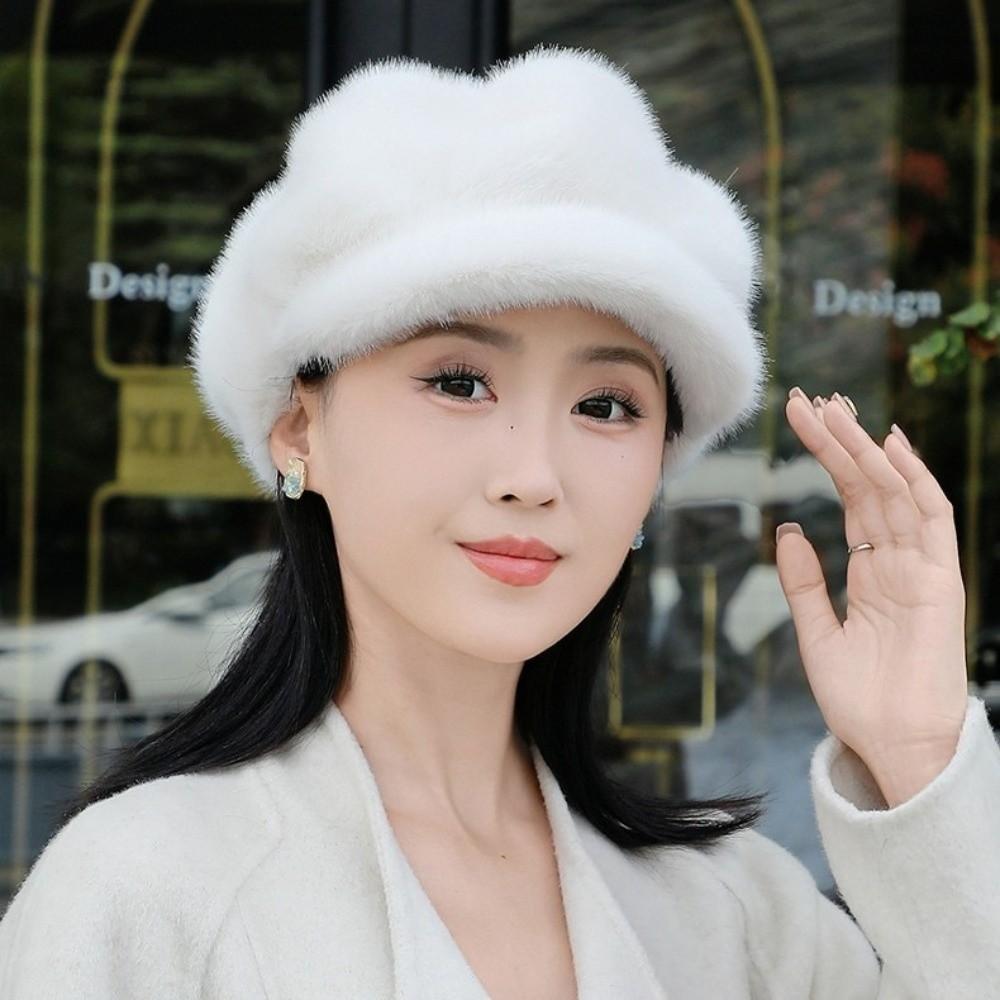 Thick Warm Imitation Mink Beret Solid Color Cloud Hat Cozy Peaked Cap  Winter
