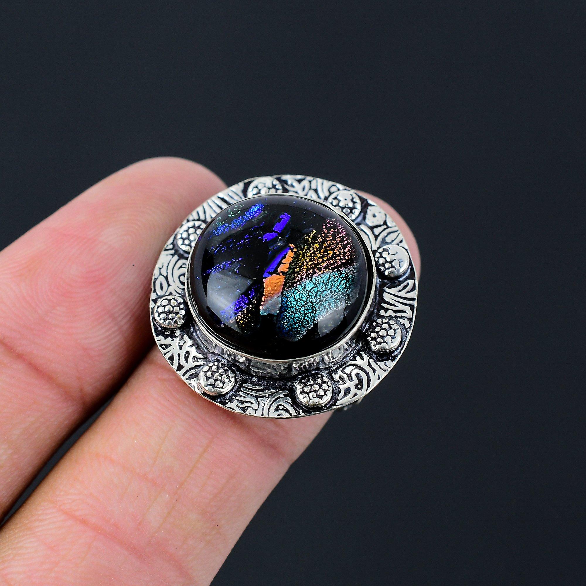 American Dichroic Glass Gemstone Statement Daughter Ring Sterling Silver US 8 8