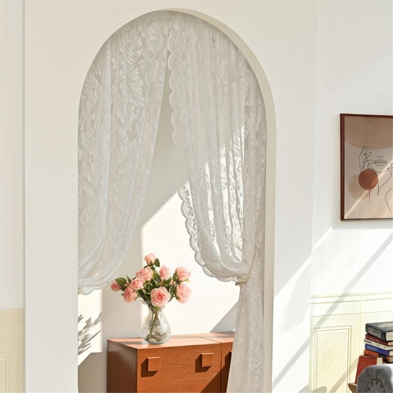 Leaf Embroidered White Sheer Curtains Rod Voile Drapes for Bedroom and Living Room for Privacy Protections Decors